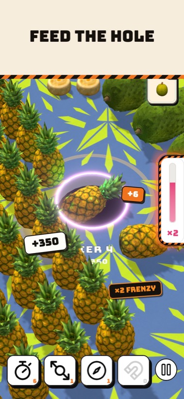 A void swallowing a field of pineapples, scoring points, with a x2 frenzy meter.