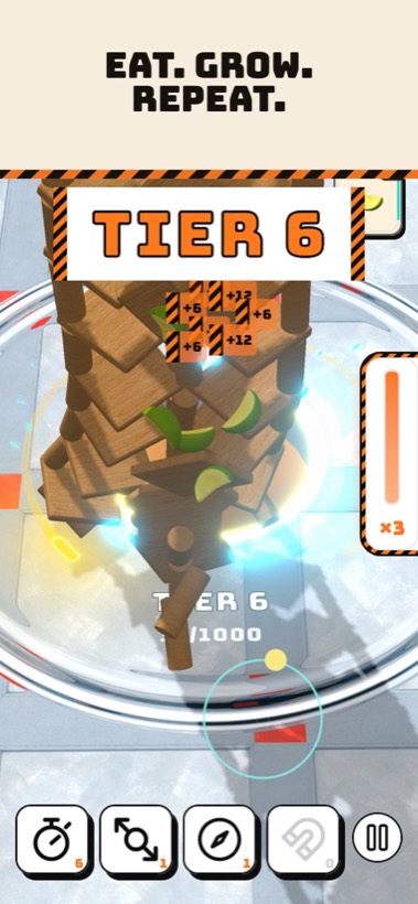 The hole devouring a toppling stack of wooden blocks at Tier 6.