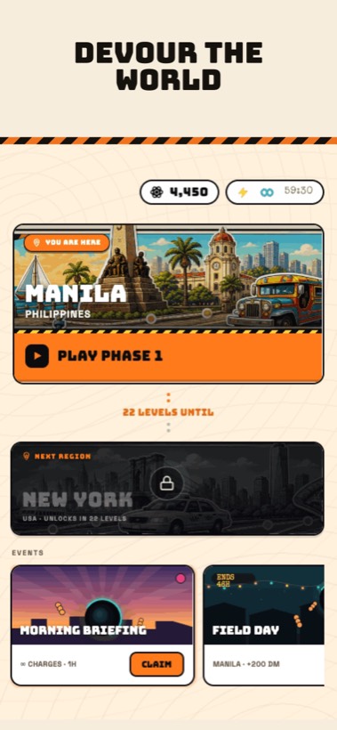 A world map showing Manila unlocked and New York locked, with limited-time events.