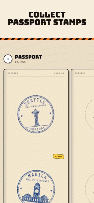 A travel passport collecting city arrival stamps for Seattle and Manila.