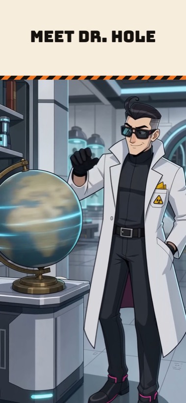 Dr. Hole, a scientist in a lab coat and dark glasses, beside a spinning globe.